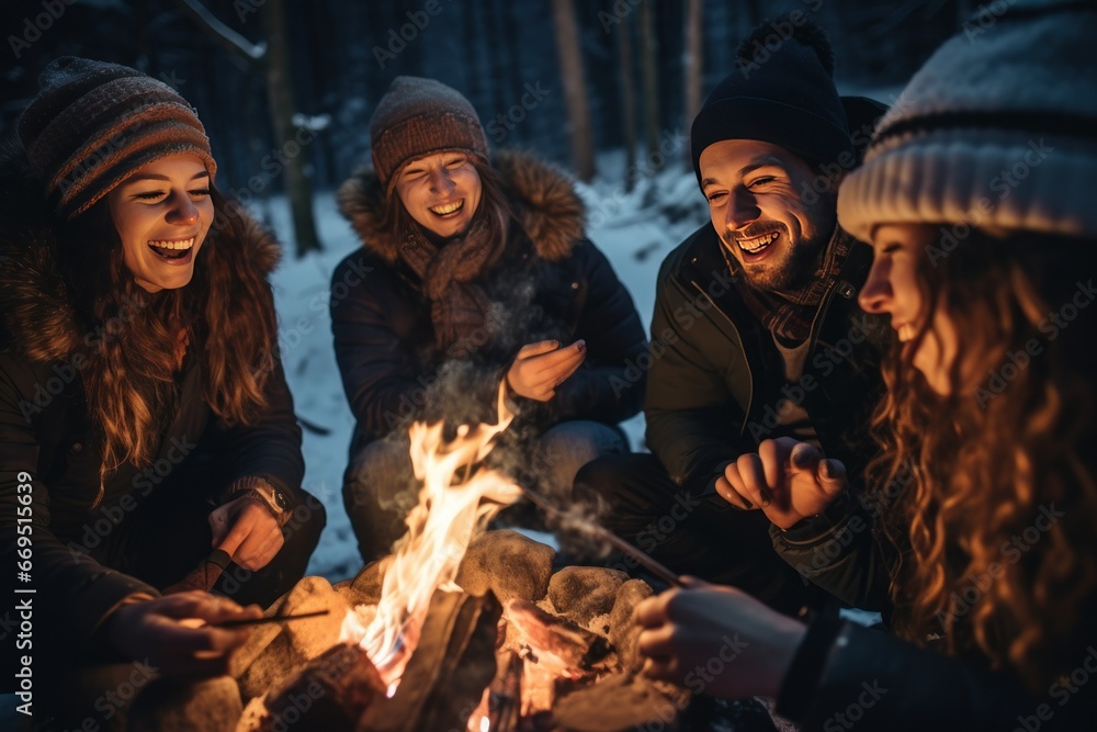 Friends toasting marshmallows over a campfire in the winter forest.