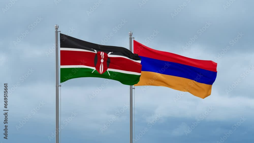 Armenia and Kenya flag waving together on cloudy sky, endless seamless loop, two country cooperation concept Armenia and Kenya flag waving together on cloudy sky, endless seamless loop, two country cooperation concept