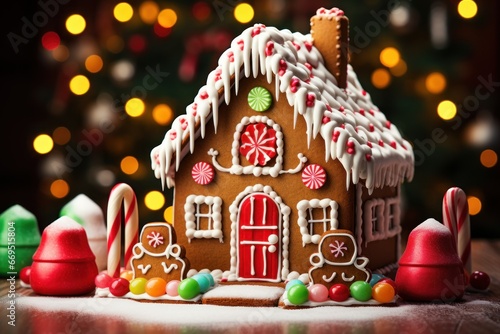 Gingerbread house with candy canes and sugary decorations. © Lucija
