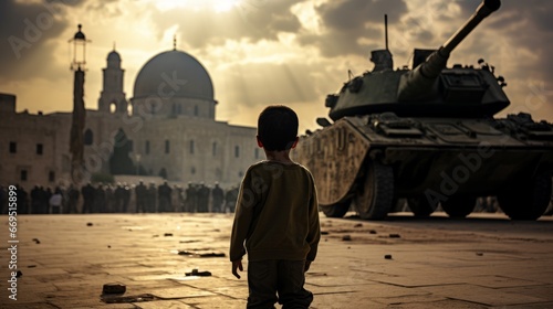 A child stands in front of a military tank during the war, with Mosque in the background, Generative AI photo