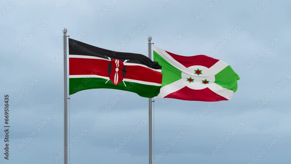 Burundi flag and Kenya flag waving together on cloudy sky, endless seamless loop, two country relations concept Burundi flag and Kenya flag waving together on cloudy sky, endless seamless loop, two country relations concept