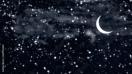 Stylised 2D painterly stylized cartoon animation background night sky with crescent moon, stars and light clouds. No camera move, horizontal cloud drift, moon on right hand side.