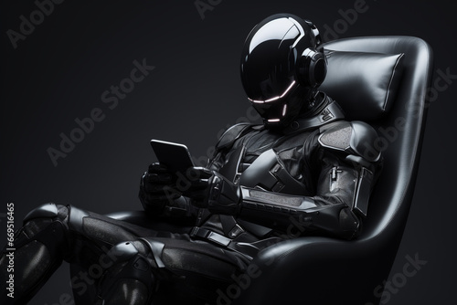 View of 3d man sitting with technology device