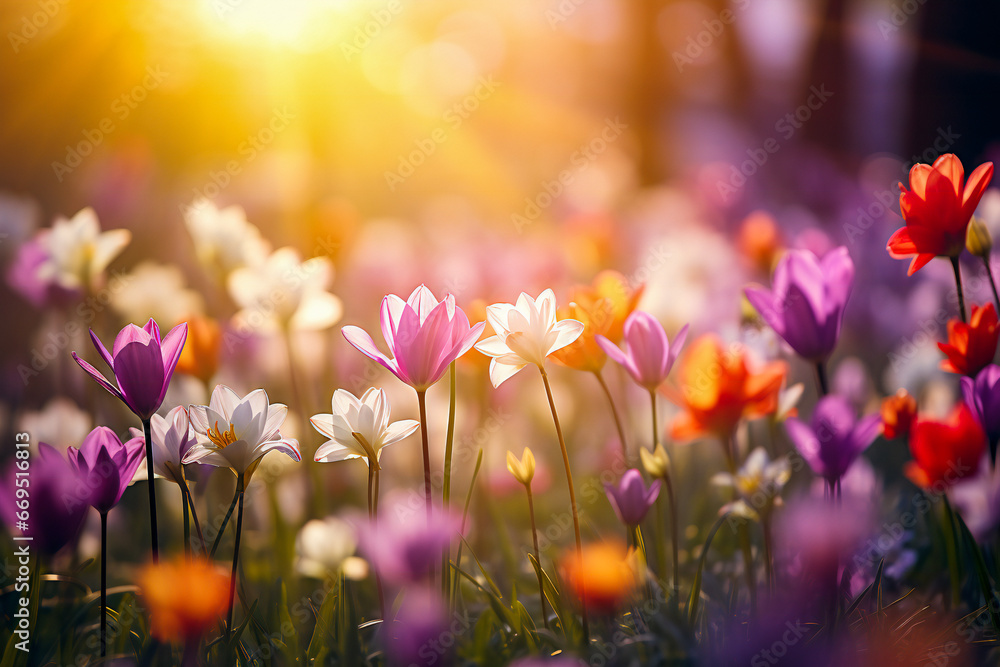 Flowers in a garden in spring under morning light