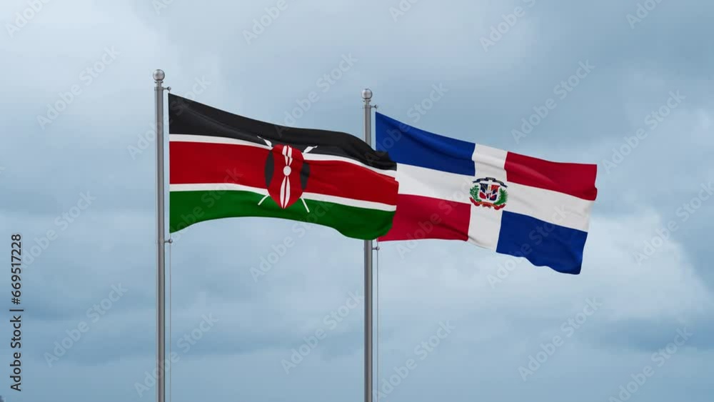 Dominican Republic flag and Kenya flag waving together on cloudy sky, endless seamless loop, two country relations concept Dominican Republic flag and Kenya flag waving together on cloudy sky, endless seamless loop, two country relations concept
