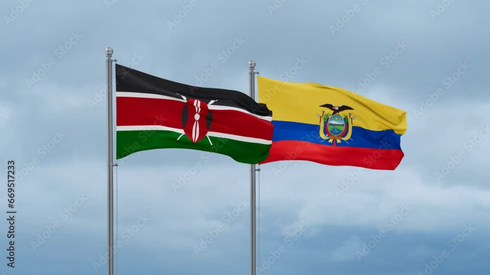 Ecuador flag and Kenya flag waving together on cloudy sky, endless seamless loop, two country relations concept Ecuador flag and Kenya flag waving together on cloudy sky, endless seamless loop, two country relations concept