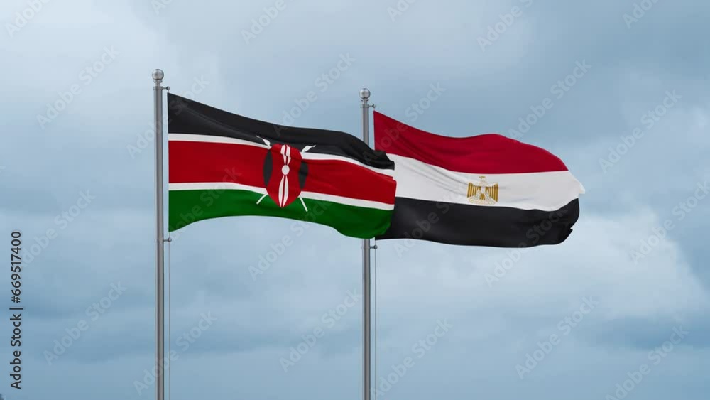 Egypt flag and Kenya flag waving together on cloudy sky, endless seamless loop, two country relations concept Egypt flag and Kenya flag waving together on cloudy sky, endless seamless loop, two country relations concept