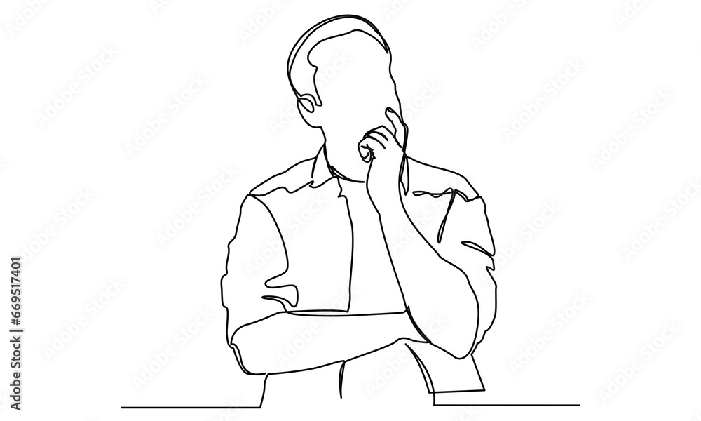 Continuous line drawings of a young man thinking.worried man thinking problem about businessman
confused vector illustration. one line drawing of a thinking man. 
