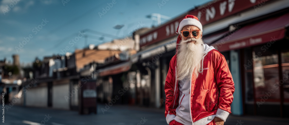 Santa Claus donning stylish streetwear ensemble, looking effortlessly cool. Santa's Street Style concept