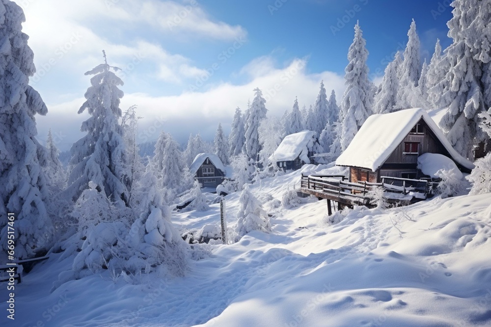 Winter landscape with sheds and forest on Carpathian mountainslope. Generative AI