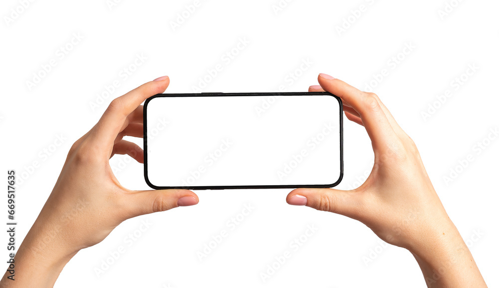 Mobile phone display mockup, horizontal smartphone screen in hands, isolated on white - obrazy, fototapety, plakaty 