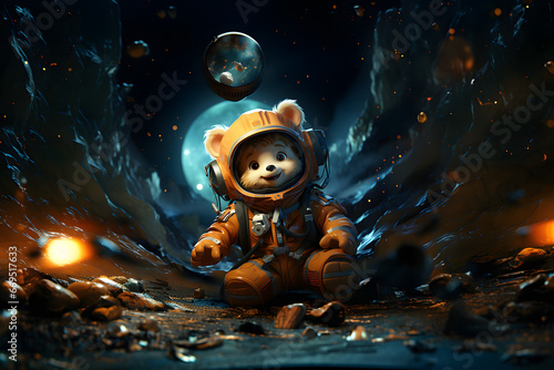 Drawing, a bear cub in a spacesuit sits on a spaceship against the backdrop of space in a cartoon style for little children