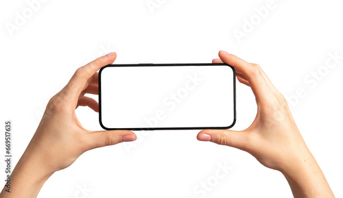 Mobile phone display mockup, horizontal smartphone screen in hands, isolated on white photo