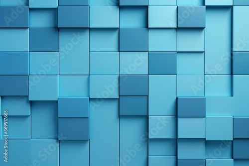 Smooth, advanced wall backdrop adorned with tiles. Blue, tiled wallpaper exhibiting square, 3D blocks. 3D rendering. Generative AI