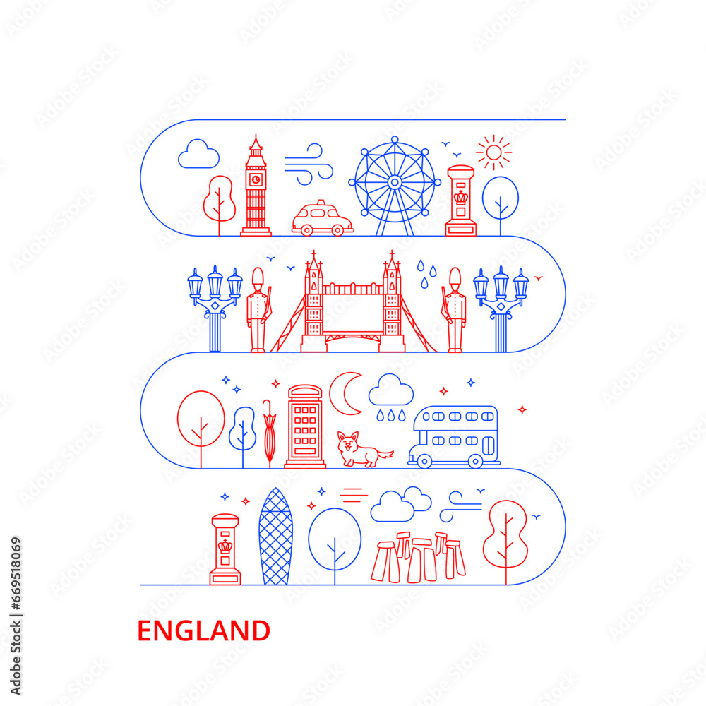 Fototapeta premium England London Line Art City. Vector Illustration of Outline Travel World. Great Britain.