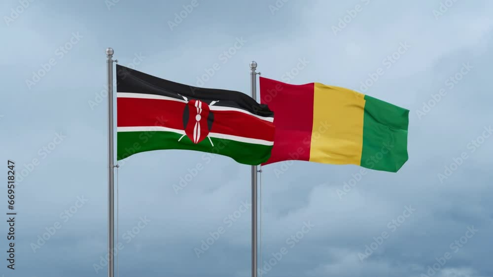 Republic of Guinea flag and Kenya flag waving together on cloudy sky, endless seamless loop, two country relations concept Republic of Guinea flag and Kenya flag waving together on cloudy sky, endless seamless loop, two country relations concept
