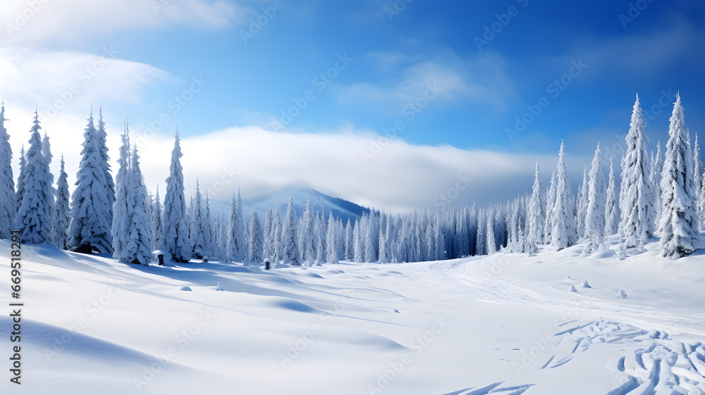Obraz premium Breathtaking snow-covered alpine landscape with ski trails, frosted trees, and distant chalets under a blue sky.