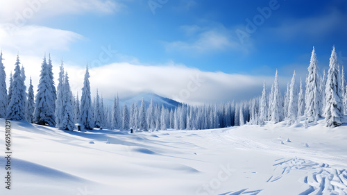 Breathtaking snow-covered alpine landscape with ski trails, frosted trees, and distant chalets under a blue sky.