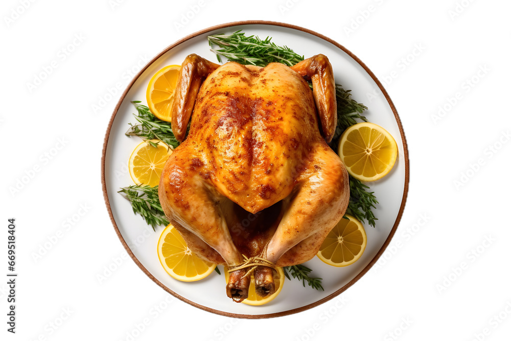 Gorgeous roasted turkey is a Thanksgiving essential isolated on white background top view on the plate Gorgeous roasted turkey is a Thanksgiving essential isolated on white background top view on the plate
