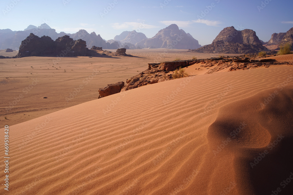 Beautiful orange sands dune of Wadi Rum desert the unique landscape