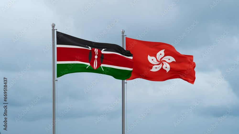 Hong Kong flag and Kenya flag waving together on cloudy sky, endless seamless loop, two country relations concept Hong Kong flag and Kenya flag waving together on cloudy sky, endless seamless loop, two country relations concept