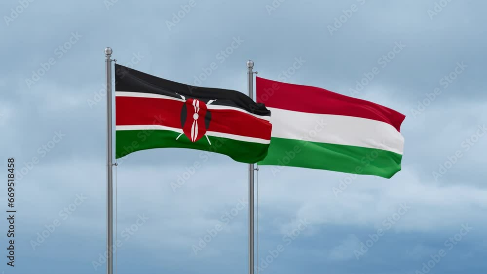 Hungary flag and Kenya flag waving together on cloudy sky, endless seamless loop, two country relations concept Hungary flag and Kenya flag waving together on cloudy sky, endless seamless loop, two country relations concept
