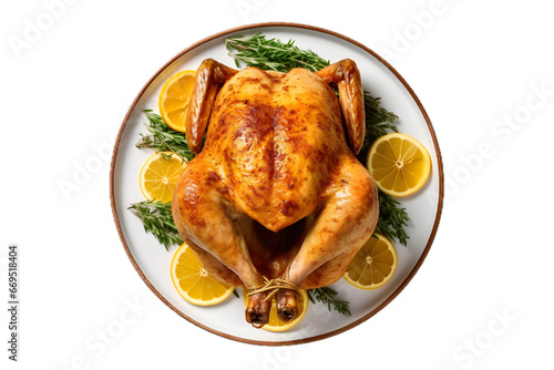 Gorgeous roasted turkey is a Thanksgiving essential isolated on white background top view on the plate