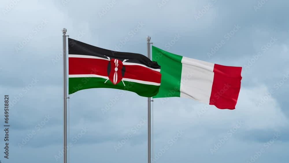Italy and Kenya flag waving together on cloudy sky, endless seamless loop, two country cooperation concept Italy and Kenya flag waving together on cloudy sky, endless seamless loop, two country cooperation concept