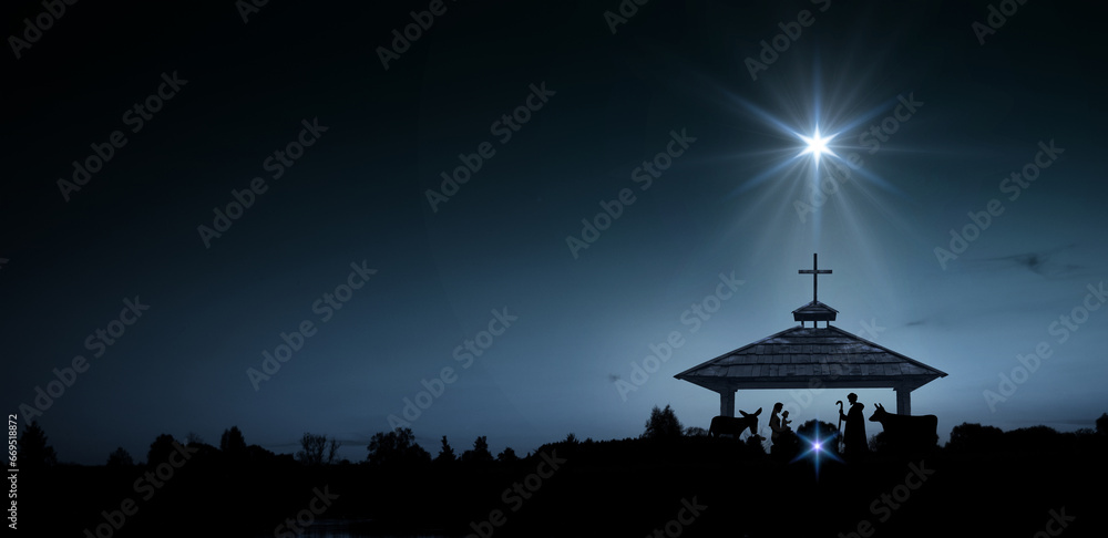 Bright Star of Bethlehem, or Christmas Star. Silhouettes of Jesus Christ, Mary, Joseph and animals. - obrazy, fototapety, plakaty 