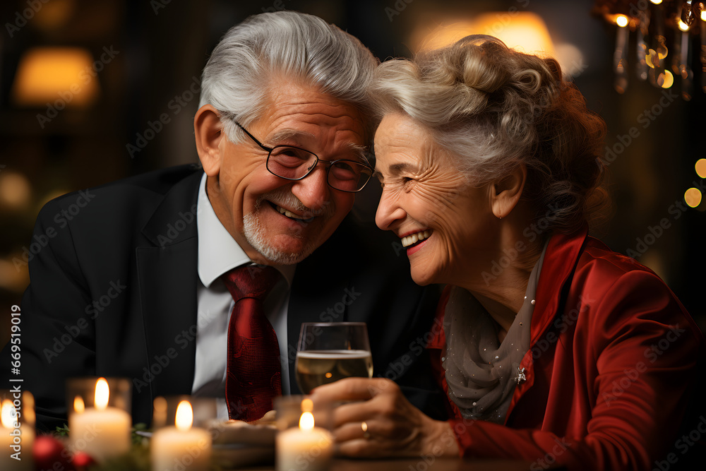 an elderly couple celebrating the New Year, at home in the living room at the table, against the background of a Christmas tree an elderly couple celebrating the New Year, at home in the living room at the table, against the background of a Christmas tree