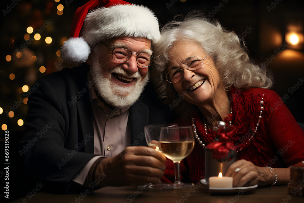 an elderly couple celebrating the New Year, at home in the living room at the table, against the background of a Christmas tree