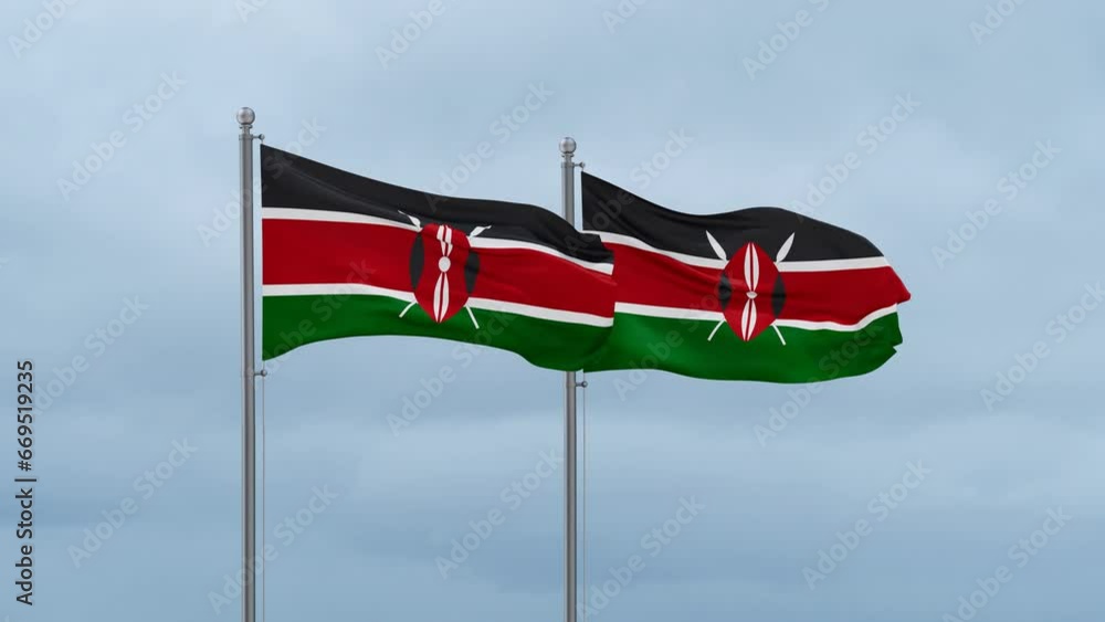 Two Kenya flag waving together on cloudy sky, endless seamless loop, two country relations concept Two Kenya flag waving together on cloudy sky, endless seamless loop, two country relations concept