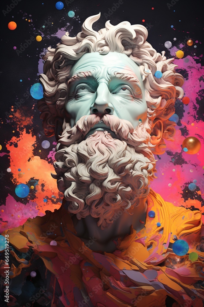 Un mélange de couleurs marbre, or et néon homme stoïque dans l'univers du stoïcisme, fond pastel. IA générative, IA