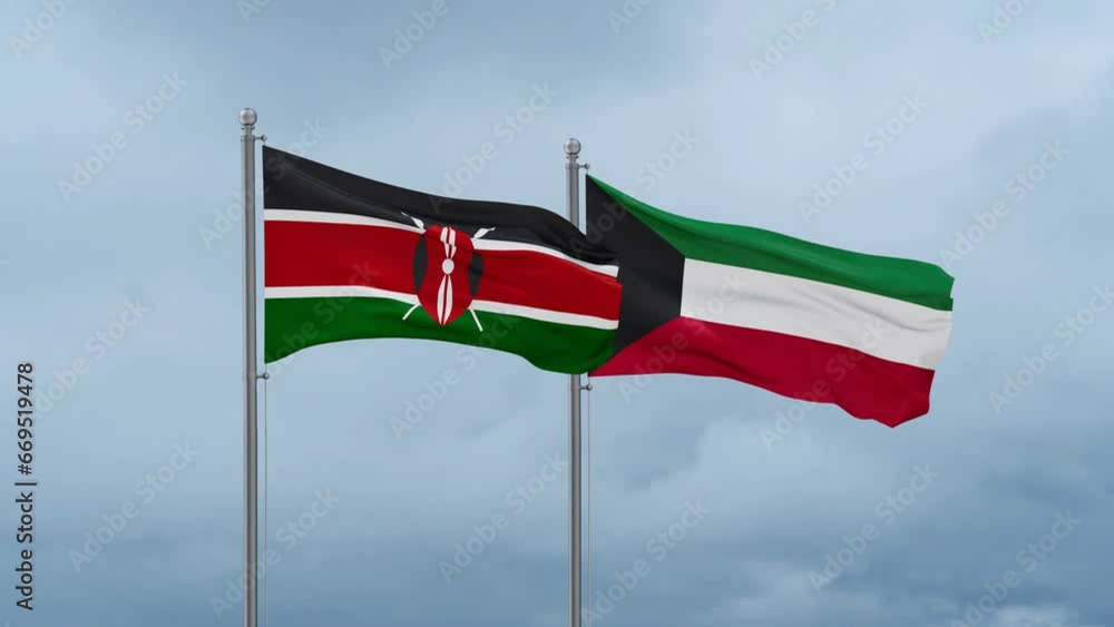 Kuwait and Kenya flag waving together on cloudy sky, endless seamless loop, two country cooperation concept Kuwait and Kenya flag waving together on cloudy sky, endless seamless loop, two country cooperation concept