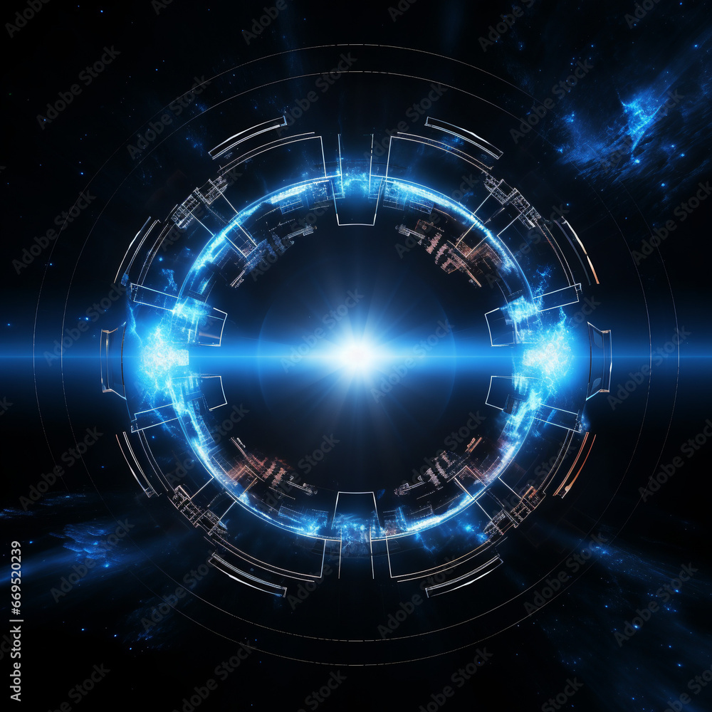 Obraz premium Futuristic Techscape in the Cosmos – A Vector Abstract with Satellites, Rockets, and Energy Swirl