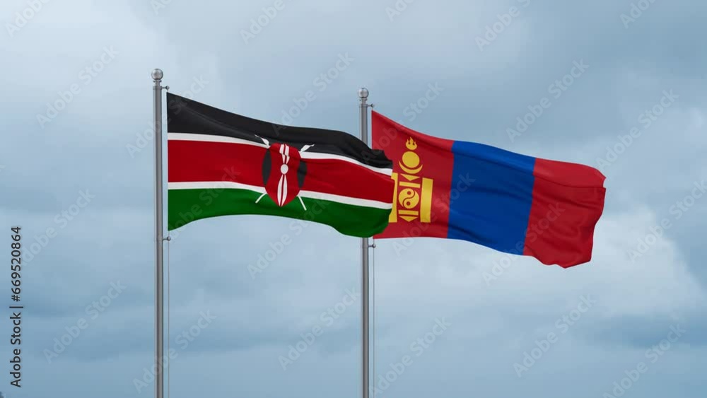 Mongolia and Kenya flag waving together on cloudy sky, endless seamless loop, two country cooperation concept Mongolia and Kenya flag waving together on cloudy sky, endless seamless loop, two country cooperation concept