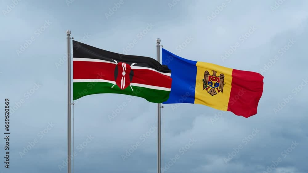Moldova and Kenya flag waving together on cloudy sky, endless seamless loop, two country cooperation concept Moldova and Kenya flag waving together on cloudy sky, endless seamless loop, two country cooperation concept