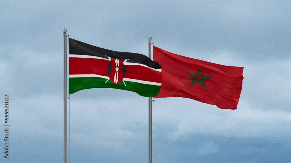 Morocco flag and Kenya flag waving together on cloudy sky, endless seamless loop, two country relations concept Morocco flag and Kenya flag waving together on cloudy sky, endless seamless loop, two country relations concept