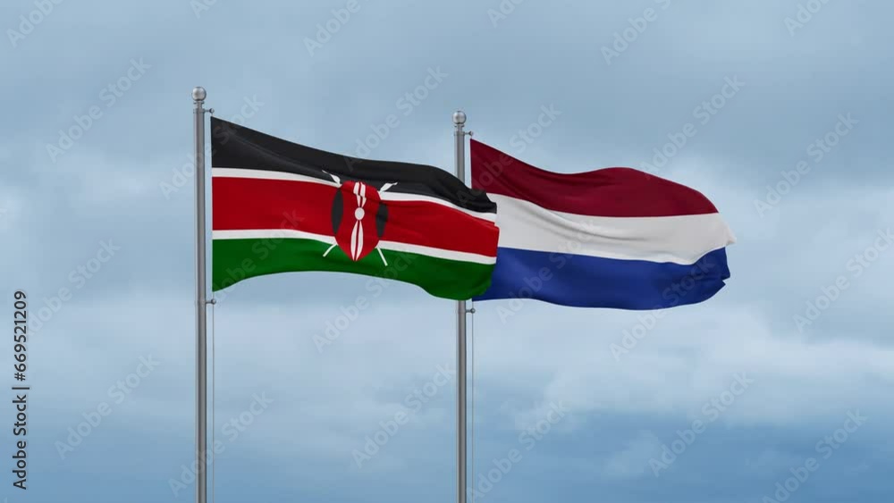 Netherlands flag and Kenya flag waving together on cloudy sky, endless seamless loop, two country relations concept Netherlands flag and Kenya flag waving together on cloudy sky, endless seamless loop, two country relations concept