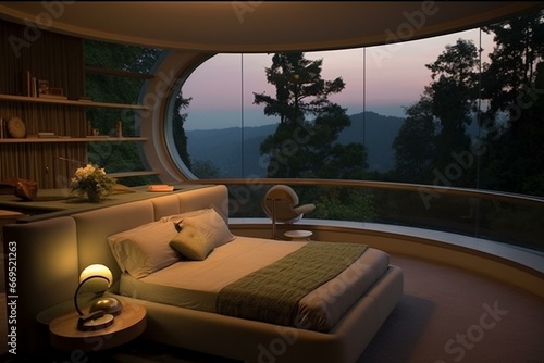 Contemporary bedroom features a circular bed and provides stunning views of the outdoors. Generative AI © Yara
