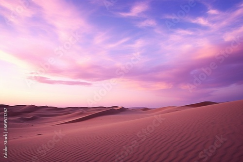Sandy desert under a soft purple sky. Generative AI