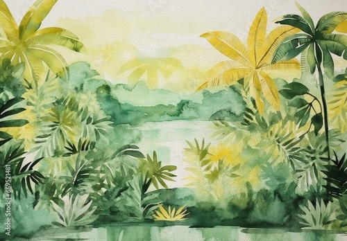 tropical forest with palm trees by the lake