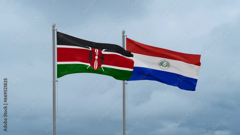 Paraguay flag and Kenya flag waving together on cloudy sky, endless seamless loop, two country relations concept Paraguay flag and Kenya flag waving together on cloudy sky, endless seamless loop, two country relations concept