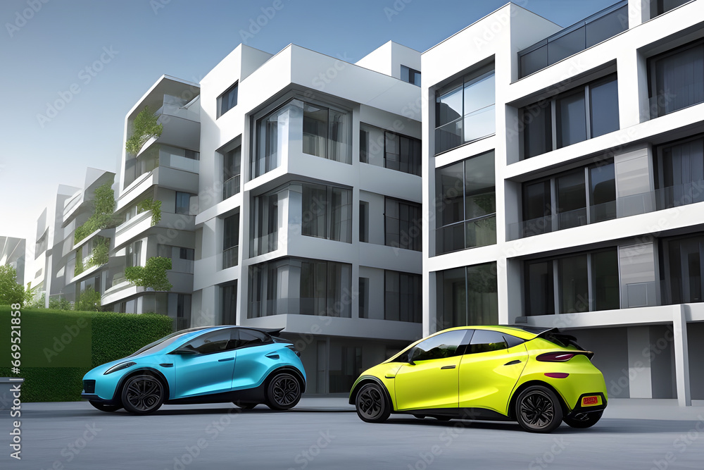 Electric car in the yard among new buildings Electric car in the yard among new buildings
