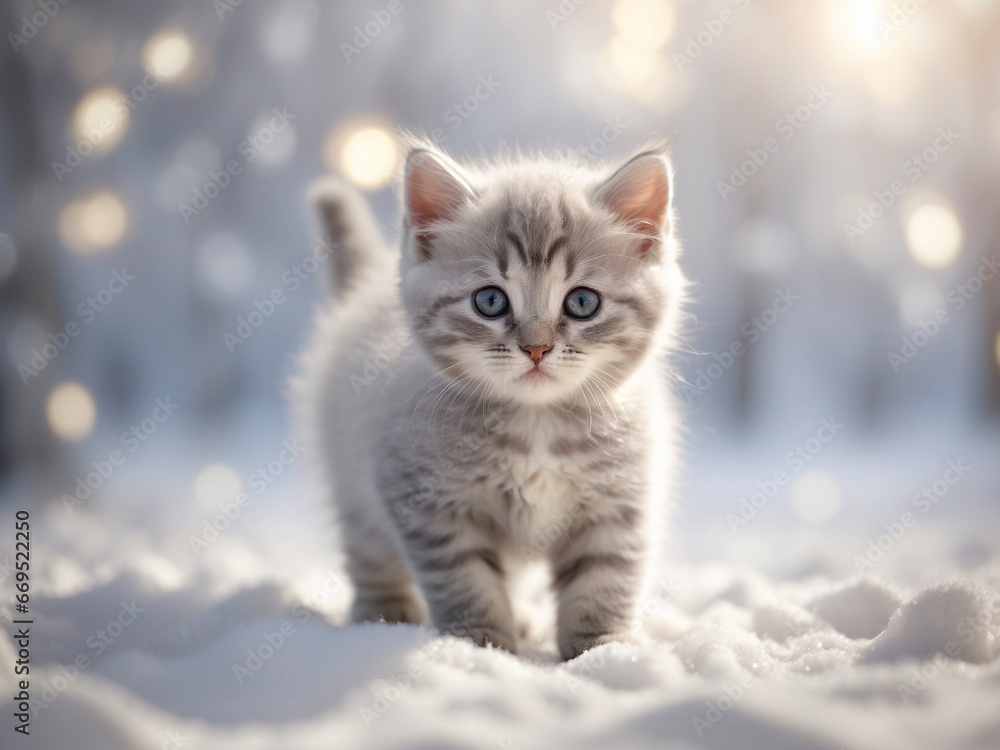 Cute grey kitten in snow forest, bokeh lights Cute grey kitten in snow forest, bokeh lights