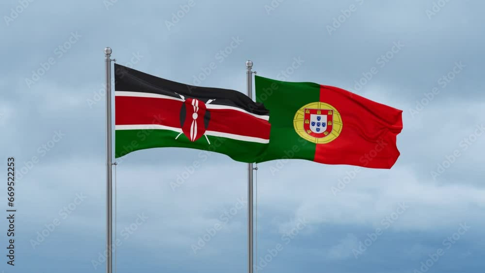 Portugal and Kenya flag waving together on cloudy sky, endless seamless loop, two country cooperation concept Portugal and Kenya flag waving together on cloudy sky, endless seamless loop, two country cooperation concept