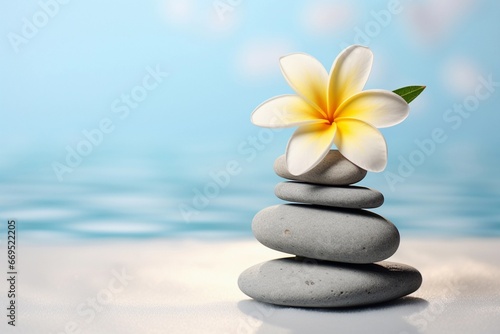 Calm and Relaxation with Spa Stones and Frangipani on White Sand