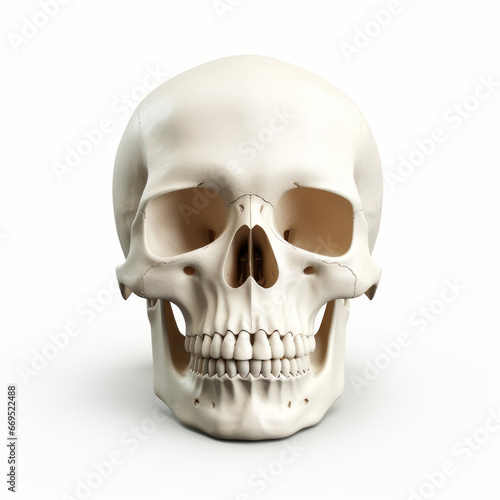 Close-up of a human skull with intricate bone texture, isolated on a white background. Detailed frontal view