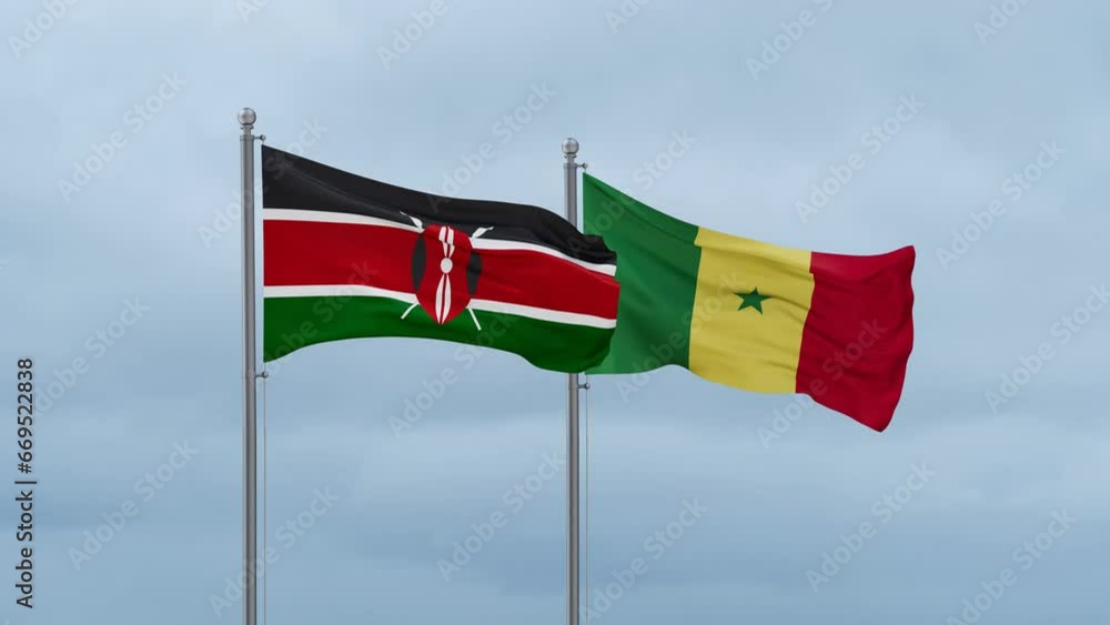 Republic of Senegal and Kenya flag waving together on cloudy sky, endless seamless loop, two country cooperation concept Republic of Senegal and Kenya flag waving together on cloudy sky, endless seamless loop, two country cooperation concept