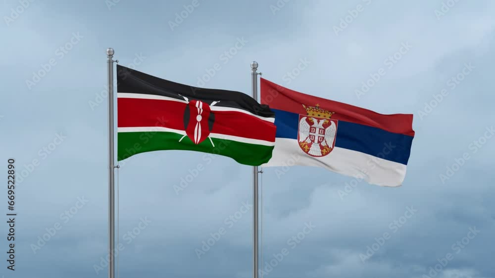Republic of Serbia and Kenya flag waving together on cloudy sky, endless seamless loop, two country cooperation concept Republic of Serbia and Kenya flag waving together on cloudy sky, endless seamless loop, two country cooperation concept